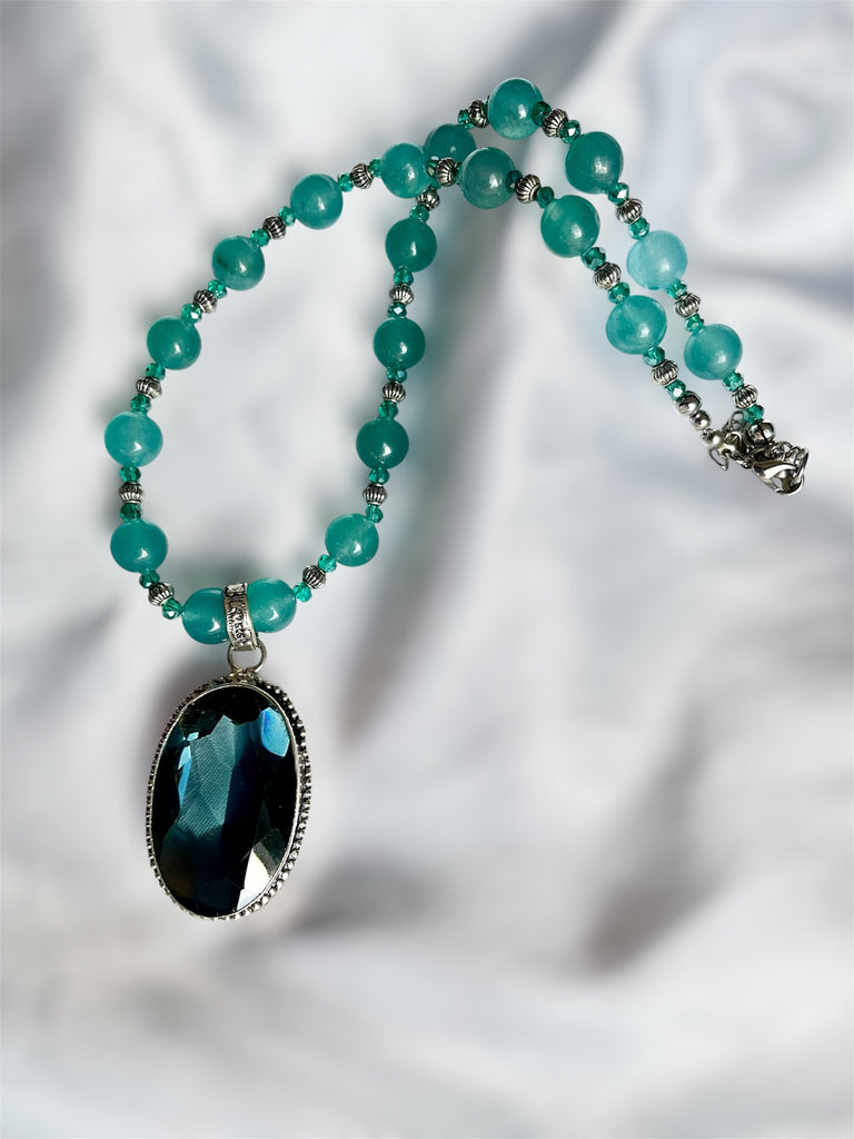 Green Iolite Faceted Pendant with Blue Jade & Tibetan Silver Necklace