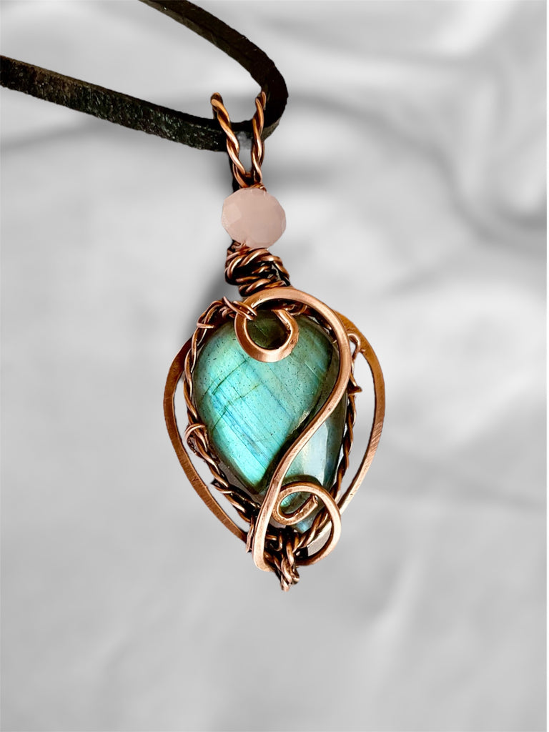 Labradorite & Rose Quartz Wire Wrapped Pendant