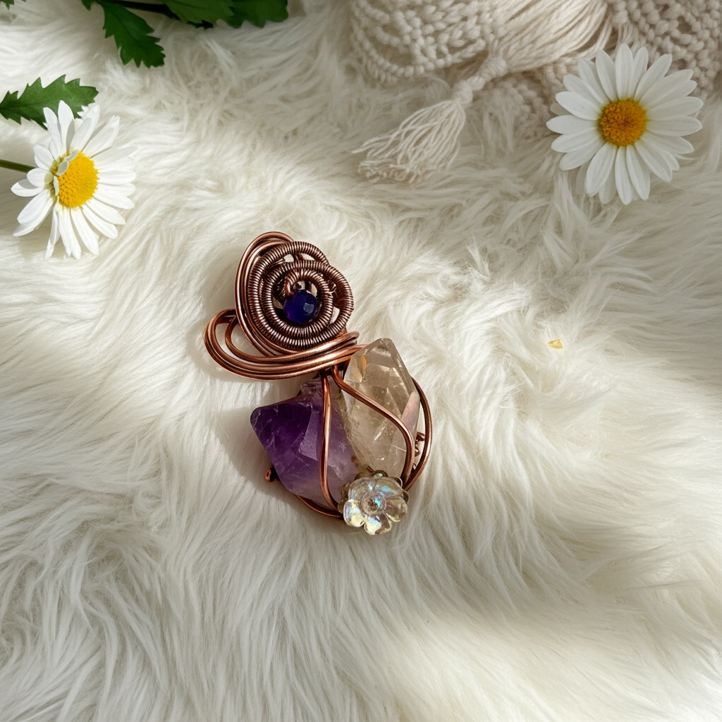 Amethyst and Herkimer Diamond Pendant with Sapphire Accent - Connie’s Crystals 