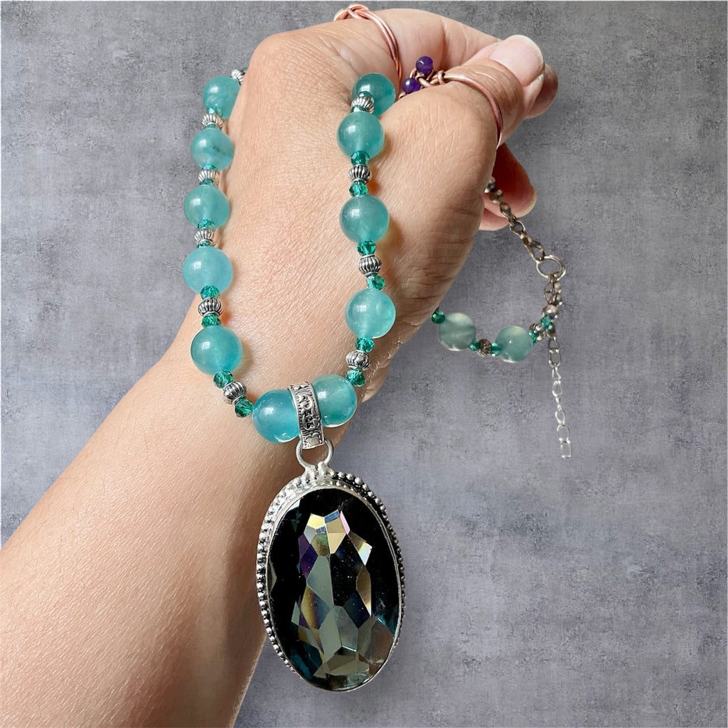 Green Iolite Faceted Pendant with Blue Jade & Tibetan Silver Necklace