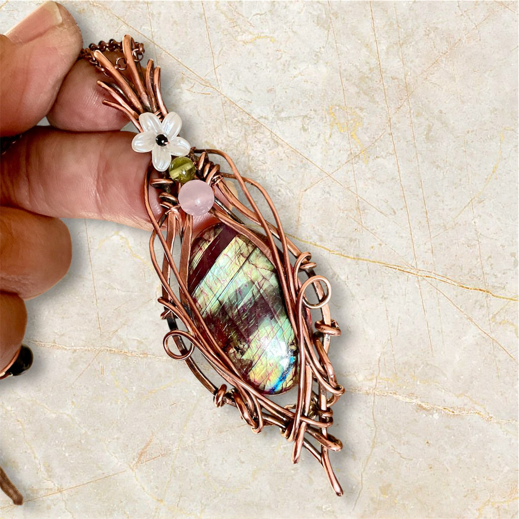 Purple and Green Labradorite Wire Wrapped Pendant