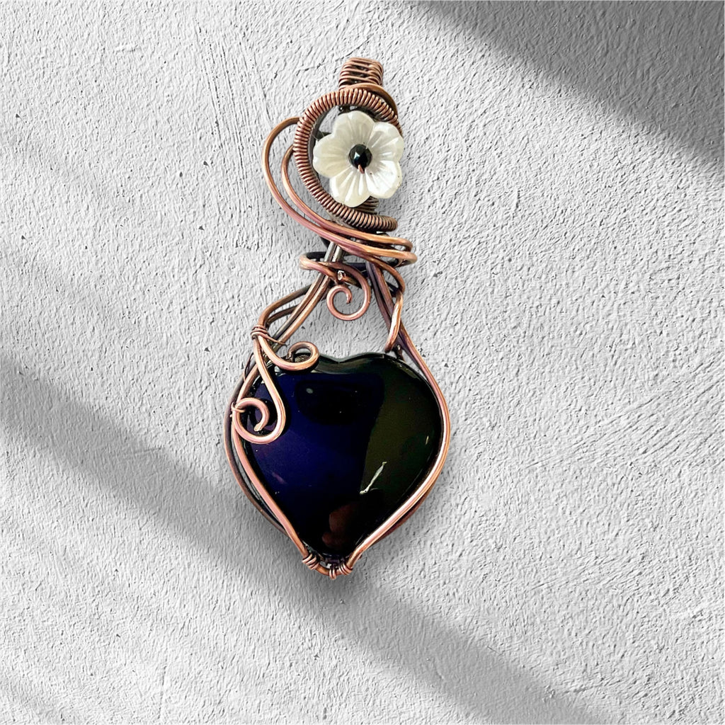 Black Obsidian Heart Pendant with Flower and Black Spinel Accent