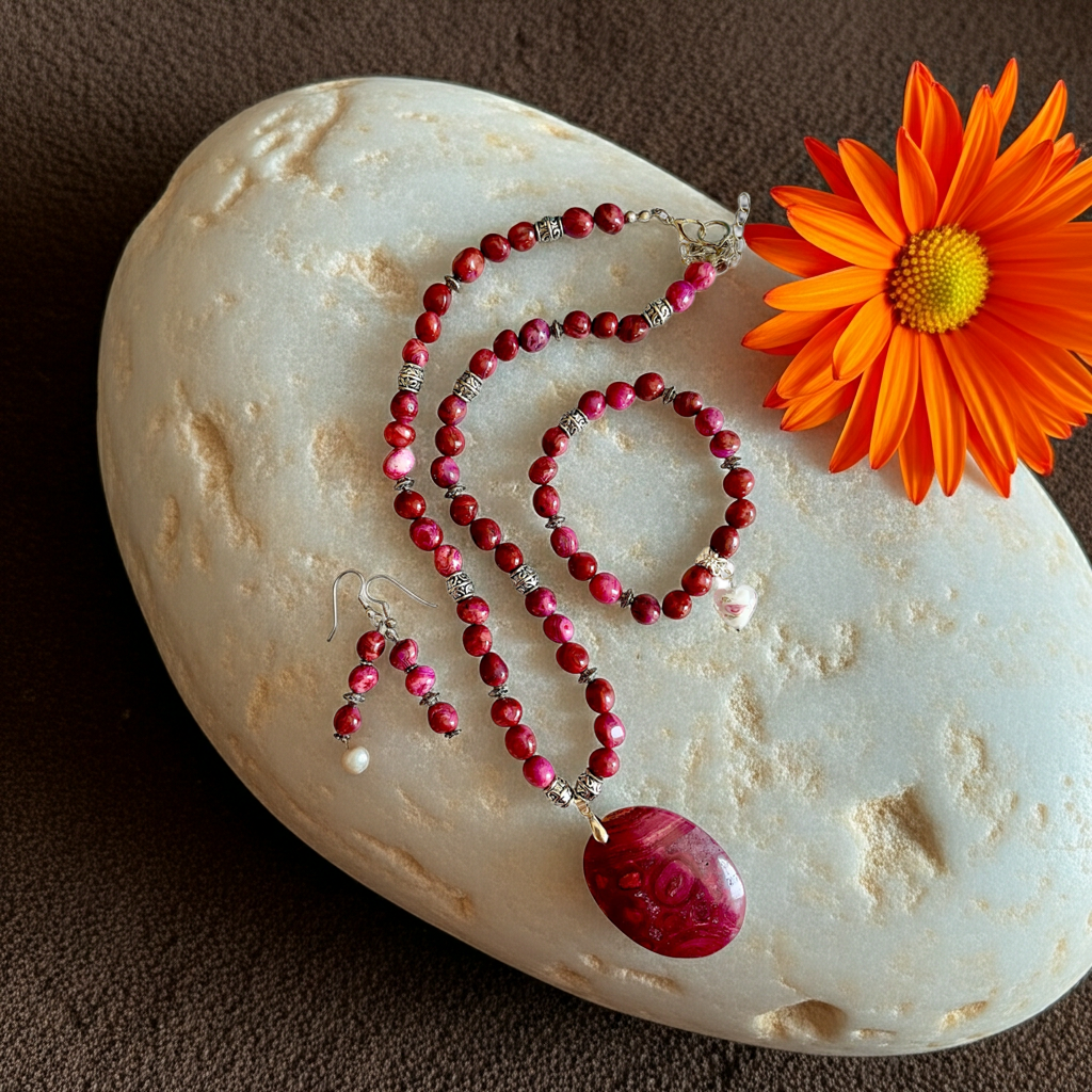 Pink Crazy Lace Agate & Ghost Eye Jasper Jewellery Set - Connie’s Crystals 