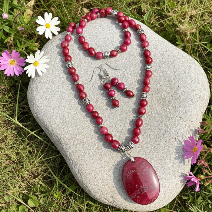 Pink Crazy Lace Agate & Ghost Eye Jasper Jewellery Set - Connie’s Crystals 