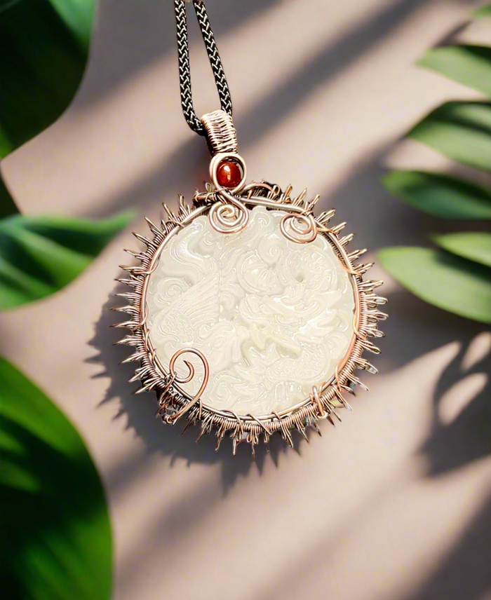 White Jade Phoenix & Dragon Sun Pendant