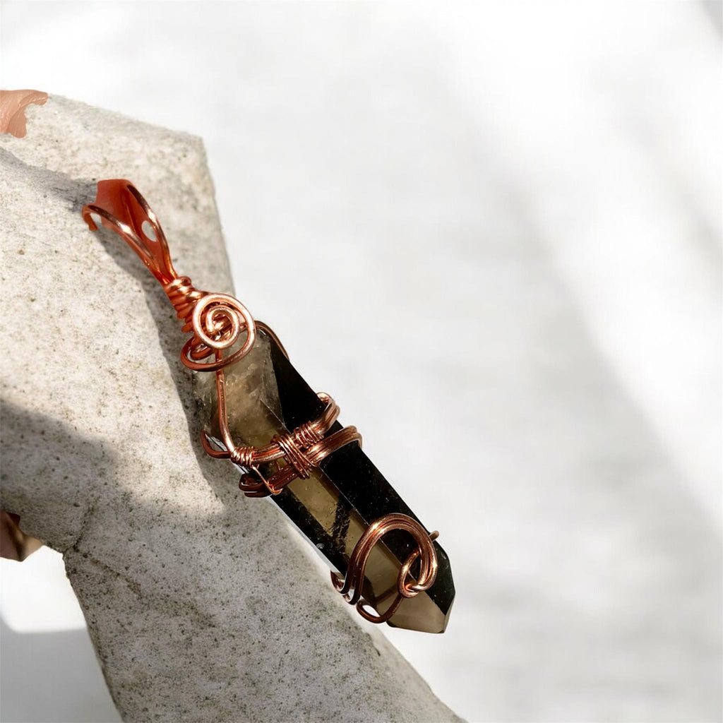 Himalayan Smoky Lemurian Quartz Point Copper Wire Wrapped Pendant