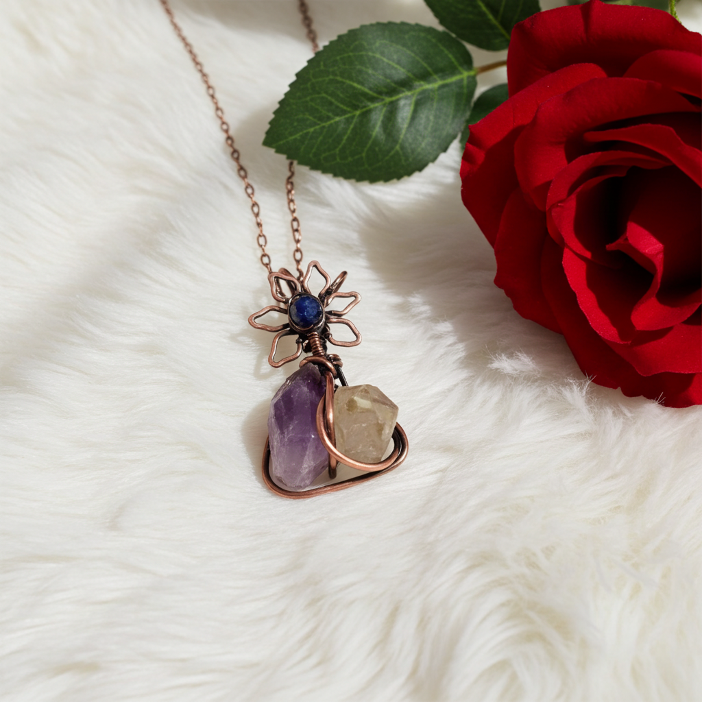 Amethyst & Herkimer Diamond Mini Pendant – Sapphire Flower Accent
