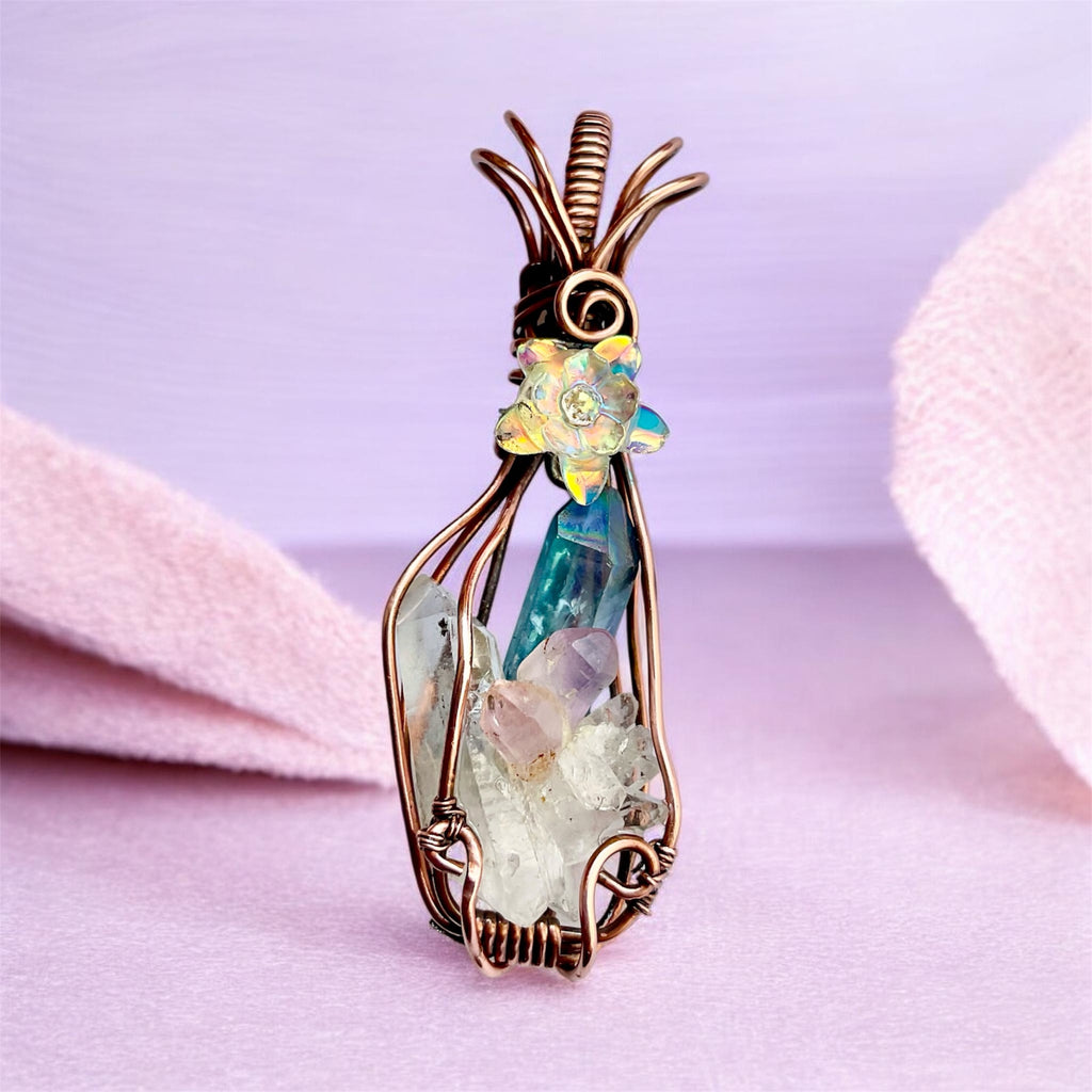 🔮 Wire Wrapped Triple Stone Pendant (Clear Quartz, Amethyst, Aqua Aura) - Connie’s Crystals 