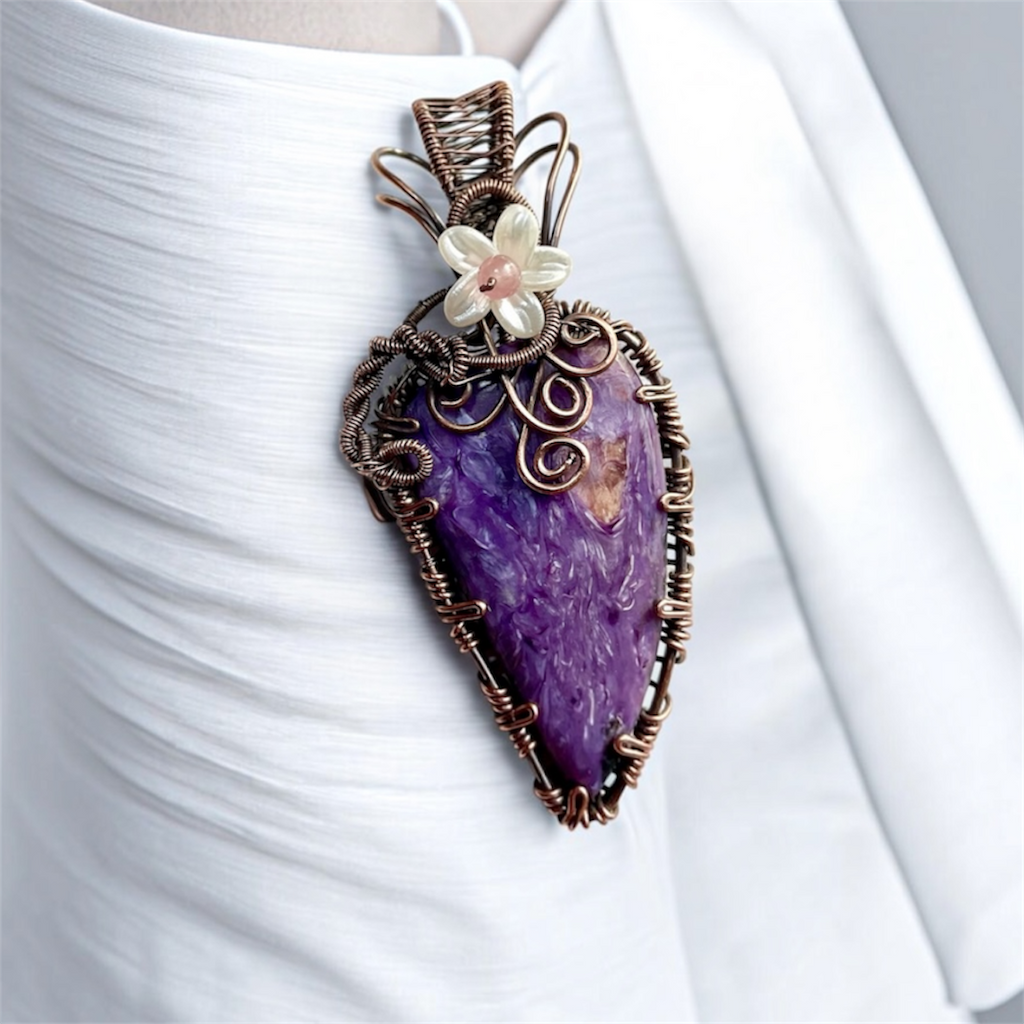 Charoite & Pink Tourmaline Copper Wire-Wrapped Pendant 💜🌸 - Connie’s Crystals 