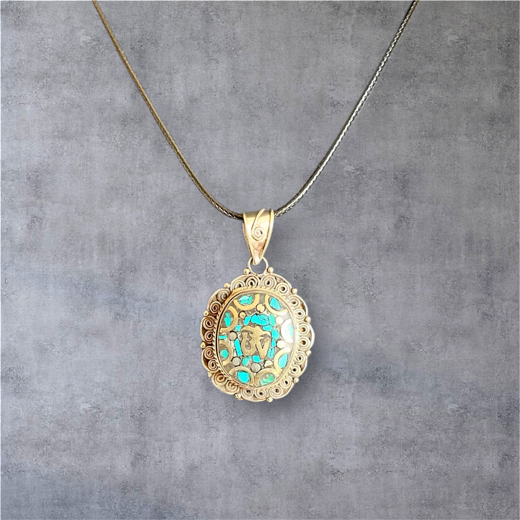 Tibetan Silver Om Pendant with Turquoise