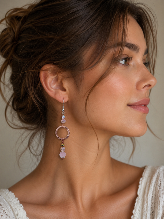 Handmade Rose Quartz & Copper Hammered Hoop Earrings