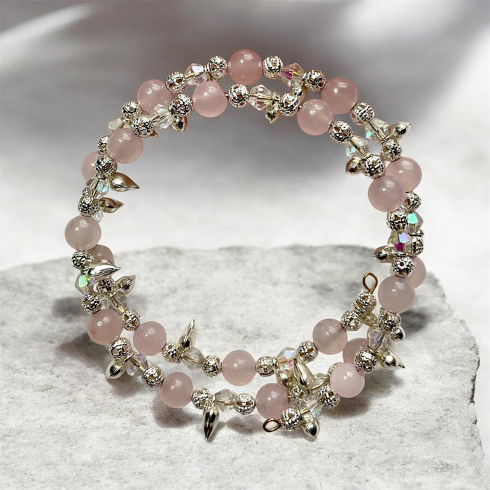 Rose Quartz “Chain Of Hearts” Memory Wire Bracelet