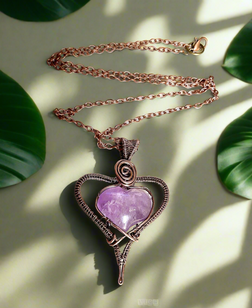 Amethyst Puffy Heart Wire Wrapped Pendant - Connie’s Crystals 