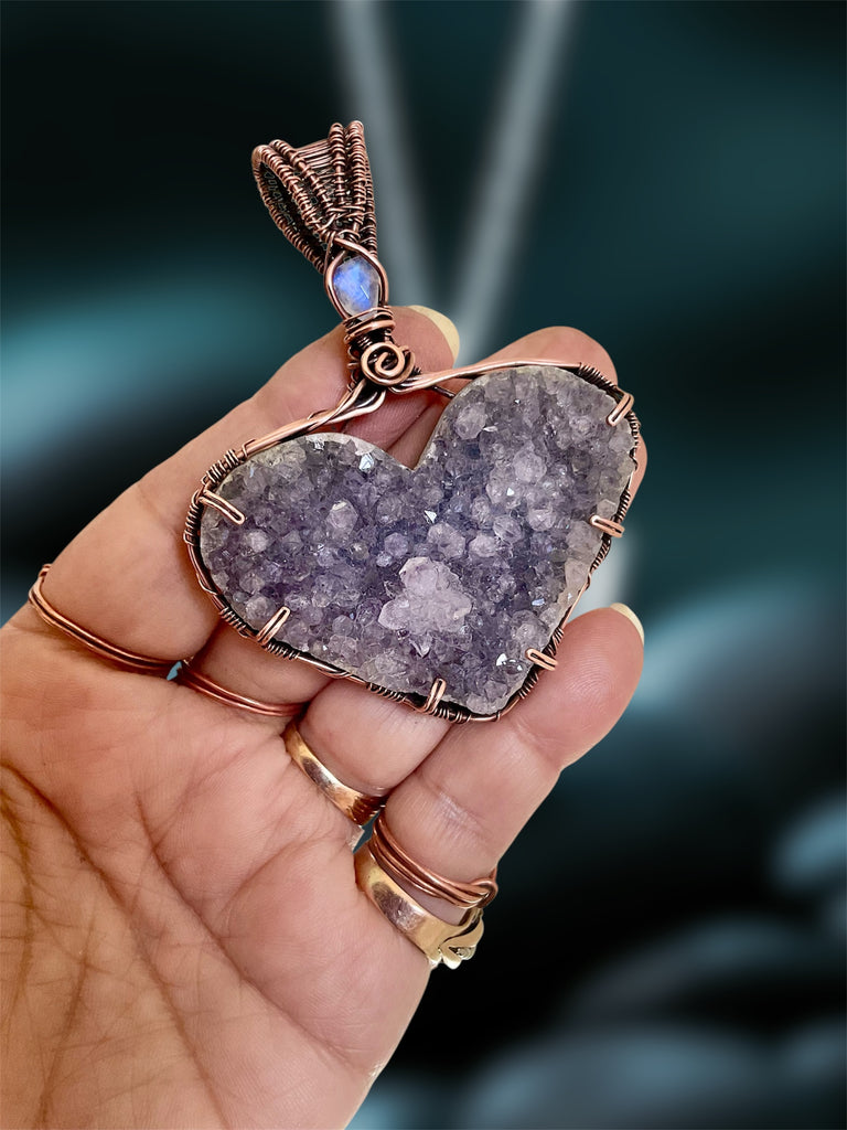 Amethyst Druzy Heart Pendant with Moonstone Accent - Connie’s Crystals 