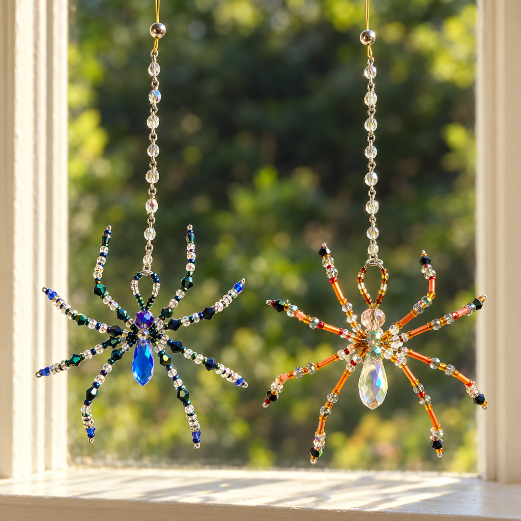 Handmade Crystal Spider Sun Catchers – Blue & Orange
