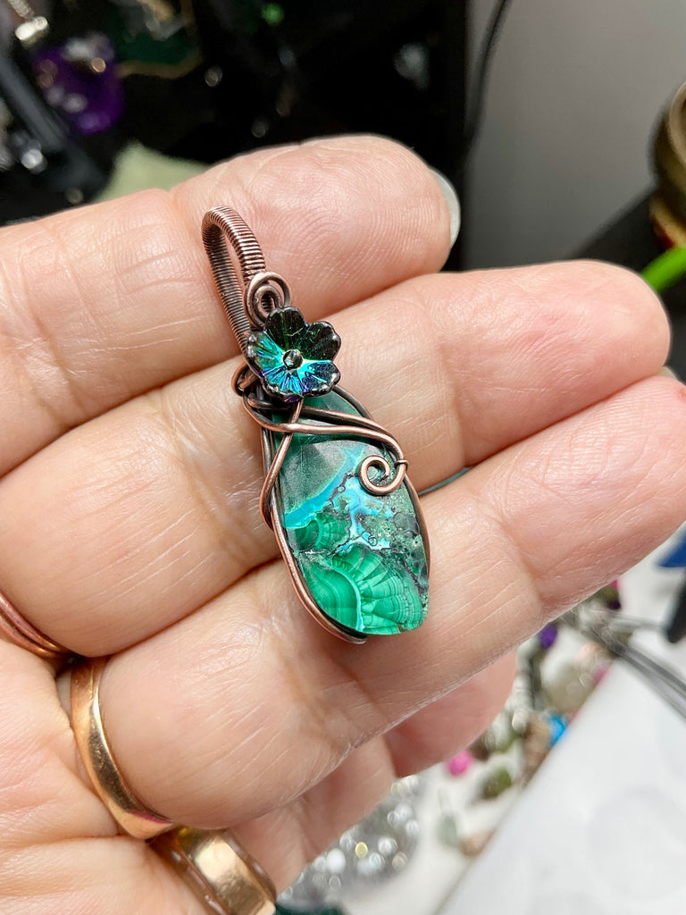 Chrysocolla in Malachite Flower Pendant - Connie’s Crystals 