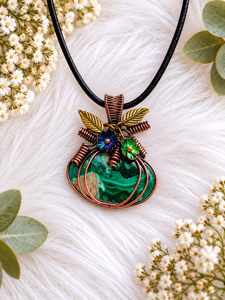 Chrysocolla in Malachite Pumpkin Pendant | Copper Wire Wrapped