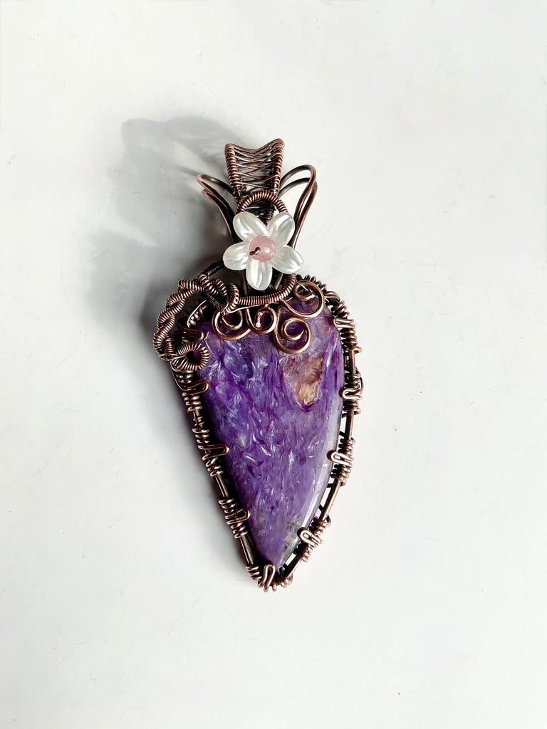 Charoite & Pink Tourmaline Copper Wire-Wrapped Pendant 💜🌸 - Connie’s Crystals 