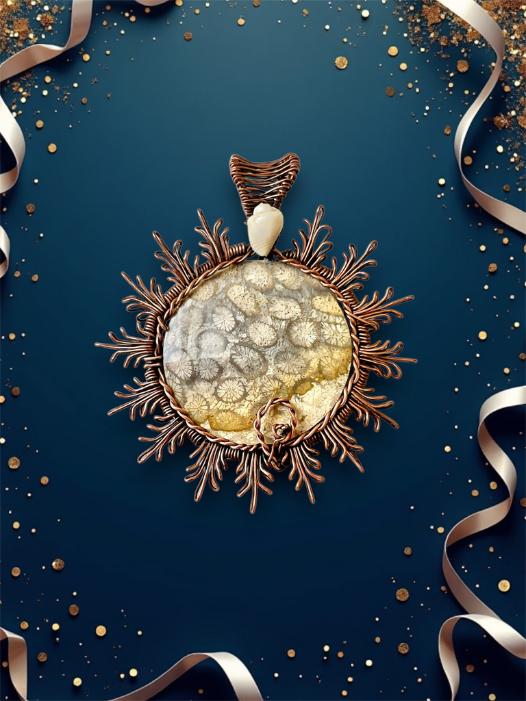 Coral Fossil Sun Pendant with Shell Accent