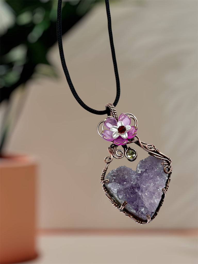 Amethyst Druzy Heart Pendant with Peridot & Flower Accent - Connie’s Crystals 