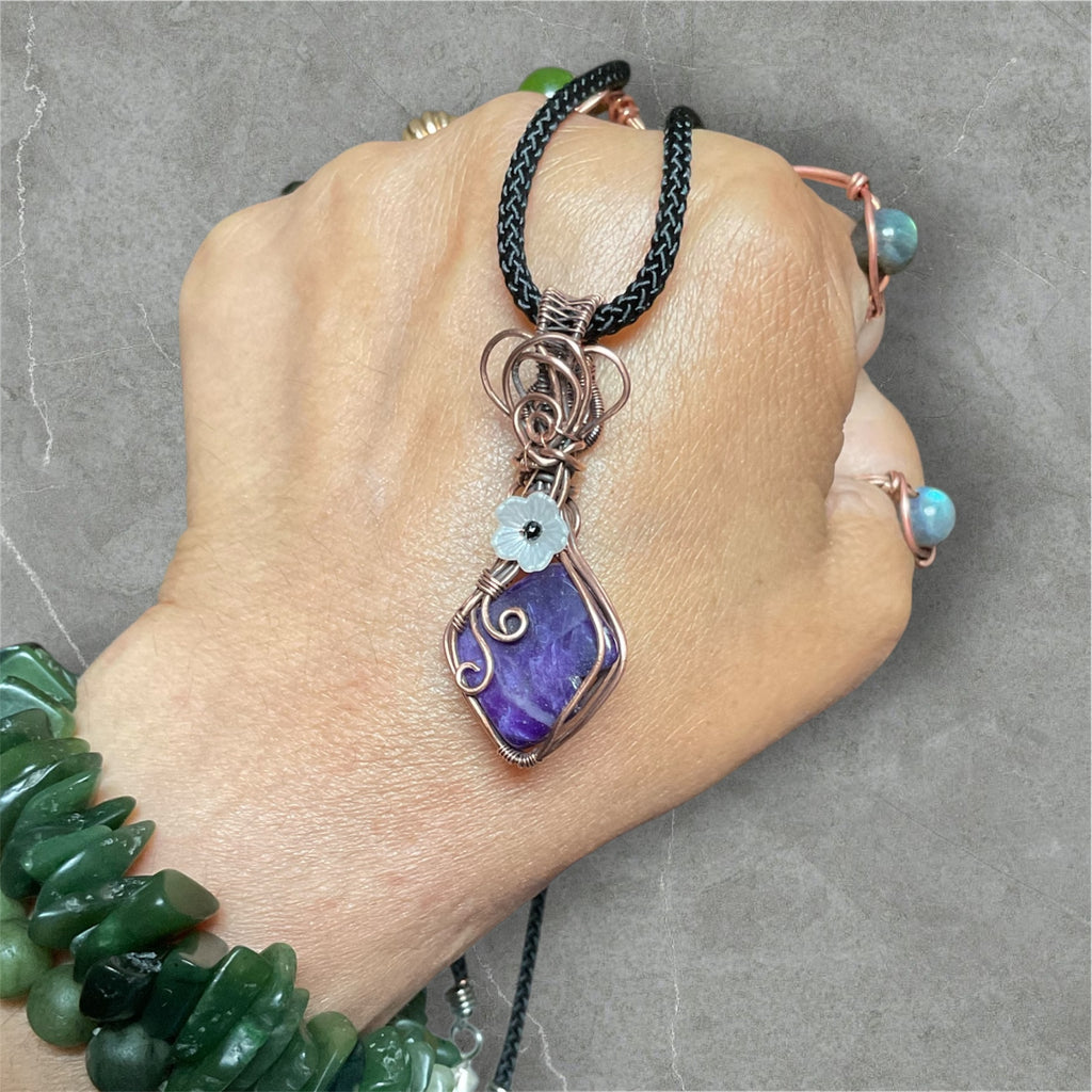 Charoite Wire Wrapped Pendant with Flower Accent