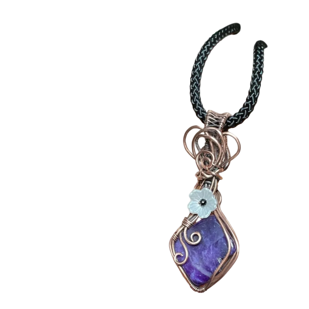 Charoite Wire Wrapped Pendant with Flower Accent - Connie’s Crystals 
