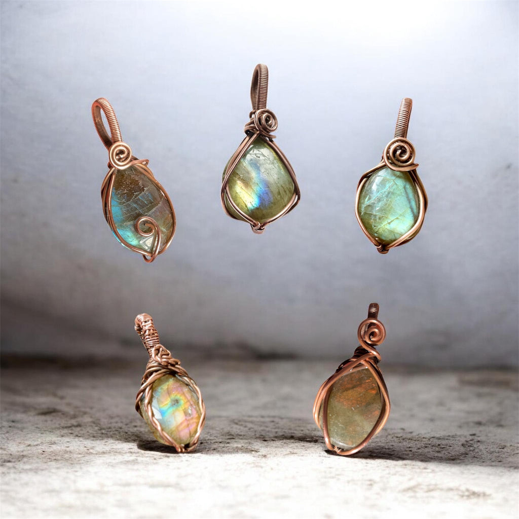 Mini Labradorite Copper Wire Wrapped Pendants