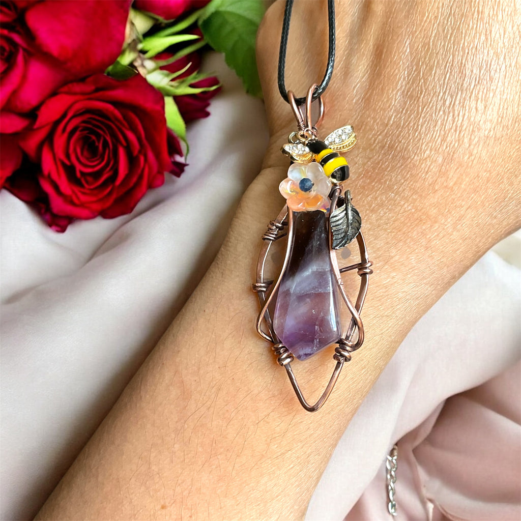 Large Chevron Amethyst Pendant – Diamond Frame with Bee & Peach Glass Flower - Connie’s Crystals 