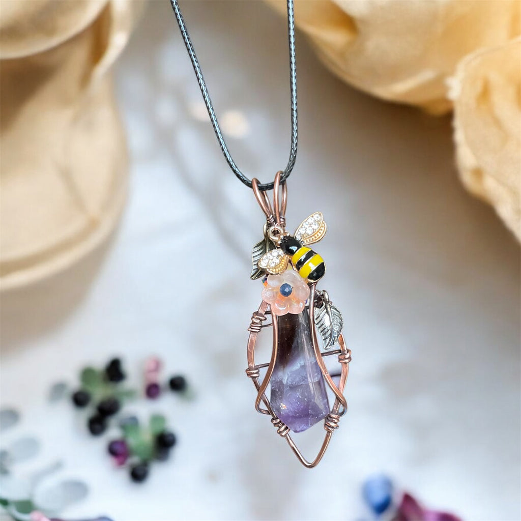 Large Chevron Amethyst Pendant – Diamond Frame with Bee & Peach Glass Flower - Connie’s Crystals 