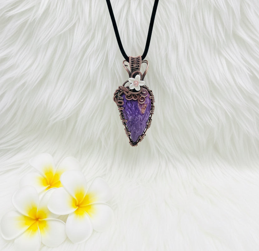 Charoite & Pink Tourmaline Copper Wire-Wrapped Pendant 💜🌸 - Connie’s Crystals 