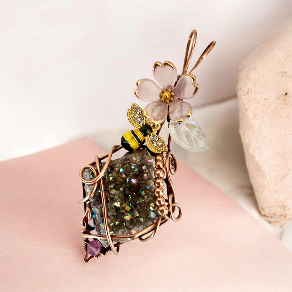 Amethyst Aura Quartz Bee & Blossom Wire Wrapped Pendant