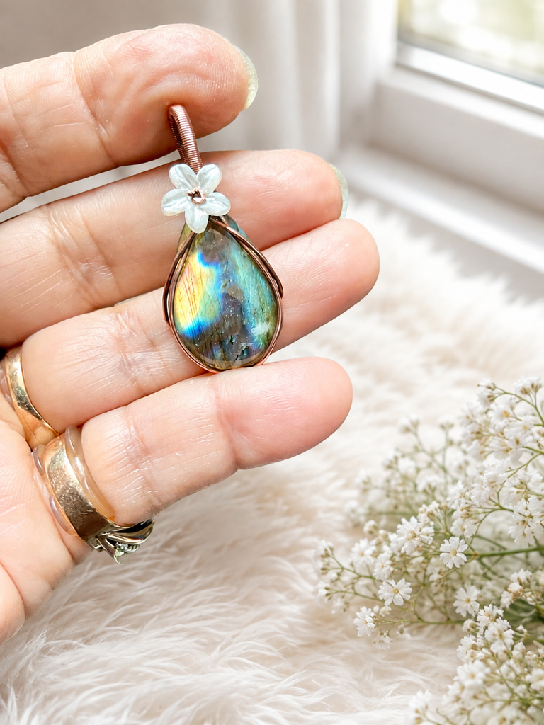 Labradorite Copper Wire Wrapped Pendants with Flower Accent - Connie’s Crystals 