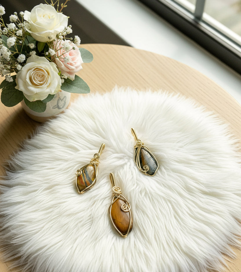 Tiger Eye 14K Gold-Plated Wire Wrapped Pendants