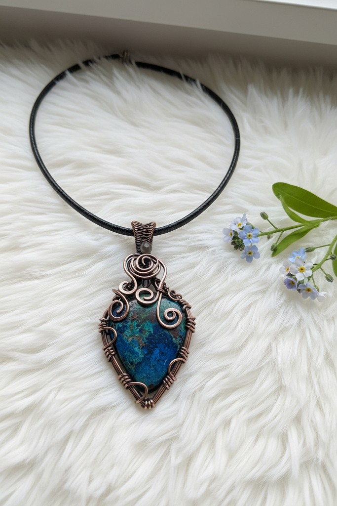Azurite With Chrysocolla Copper Wire Wrapped Pendant