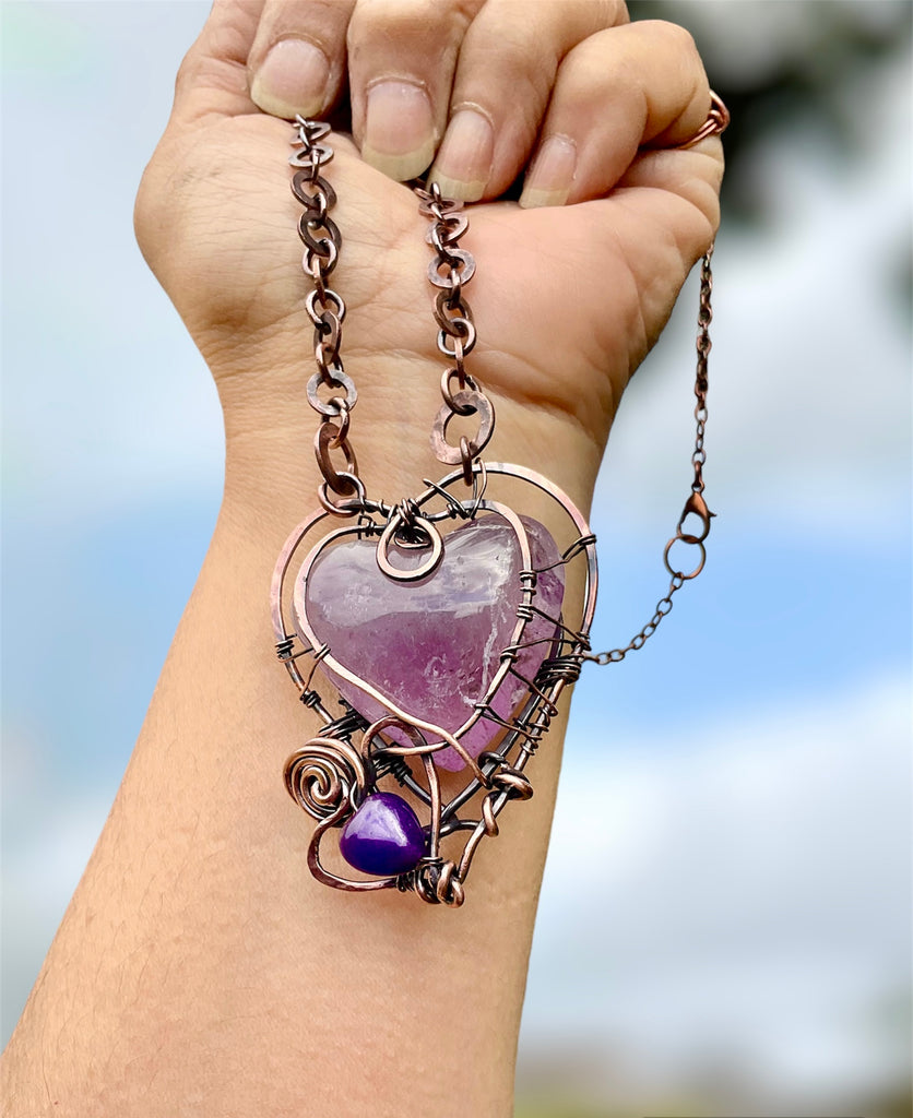 Amethyst Twin Hearts Wire Wrapped Pendant - Connie’s Crystals 