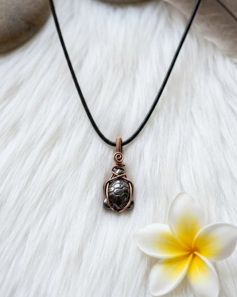 Haematite Turtle Pendant in Copper Wire - Connie’s Crystals 
