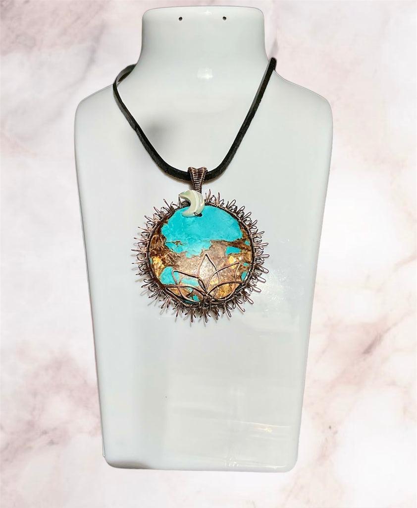 Copper Turquoise Sun, Moon & Lotus Pendant
