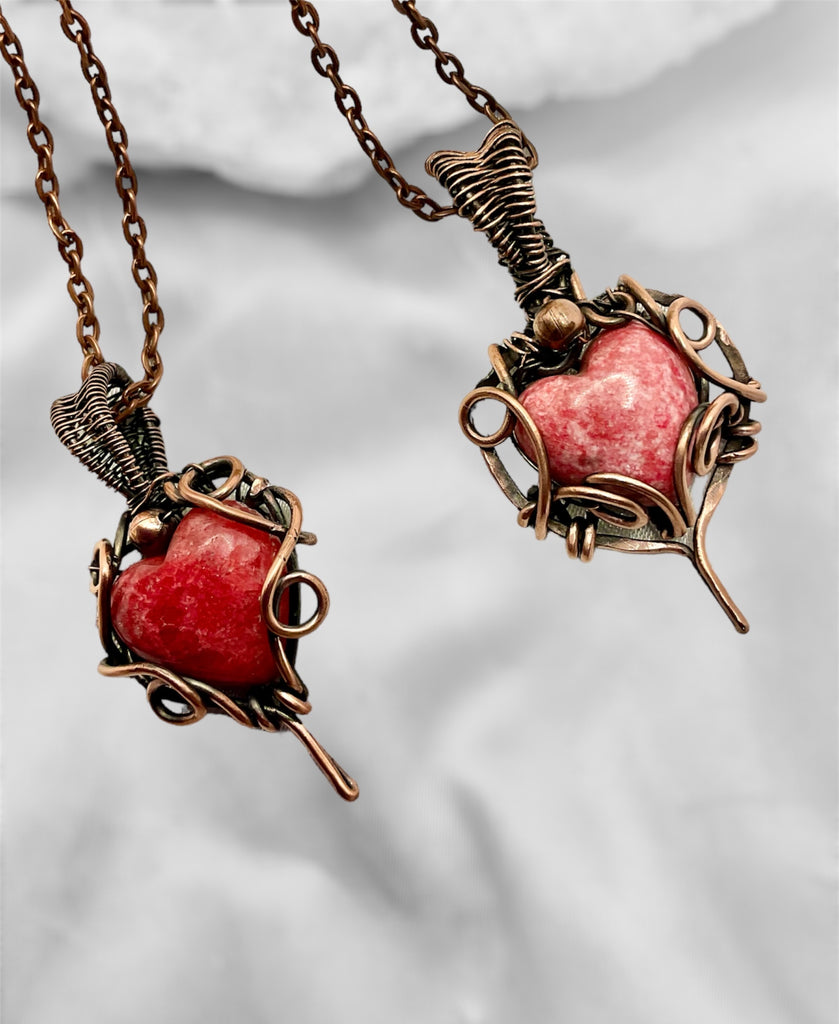 Rhodochrosite Heart Shaped Wire Wrapped Pendants