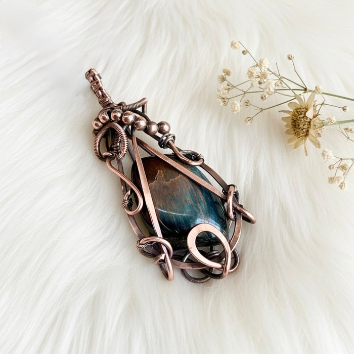 Blue Tiger Eye Wire Wrapped Pendant