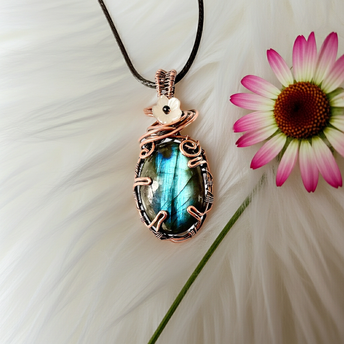 Blue Labradorite with Flower and Black Spinel Accent Pendant - Connie’s Crystals 
