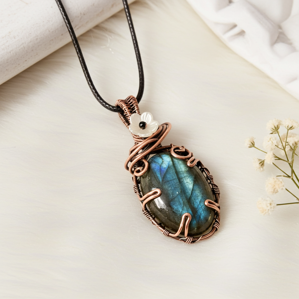 Blue Labradorite with Flower and Black Spinel Accent Pendant - Connie’s Crystals 