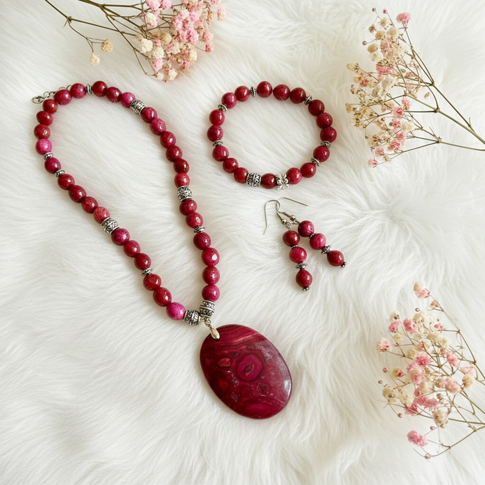 Pink Crazy Lace Agate & Ghost Eye Jasper Jewellery Set