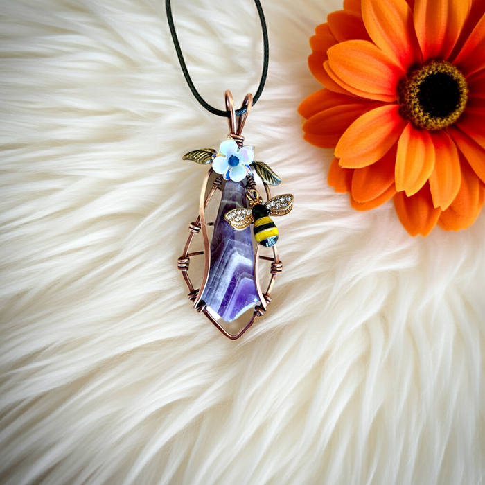 Chevron Amethyst “Bee & Bloom” Pendant-(Large)