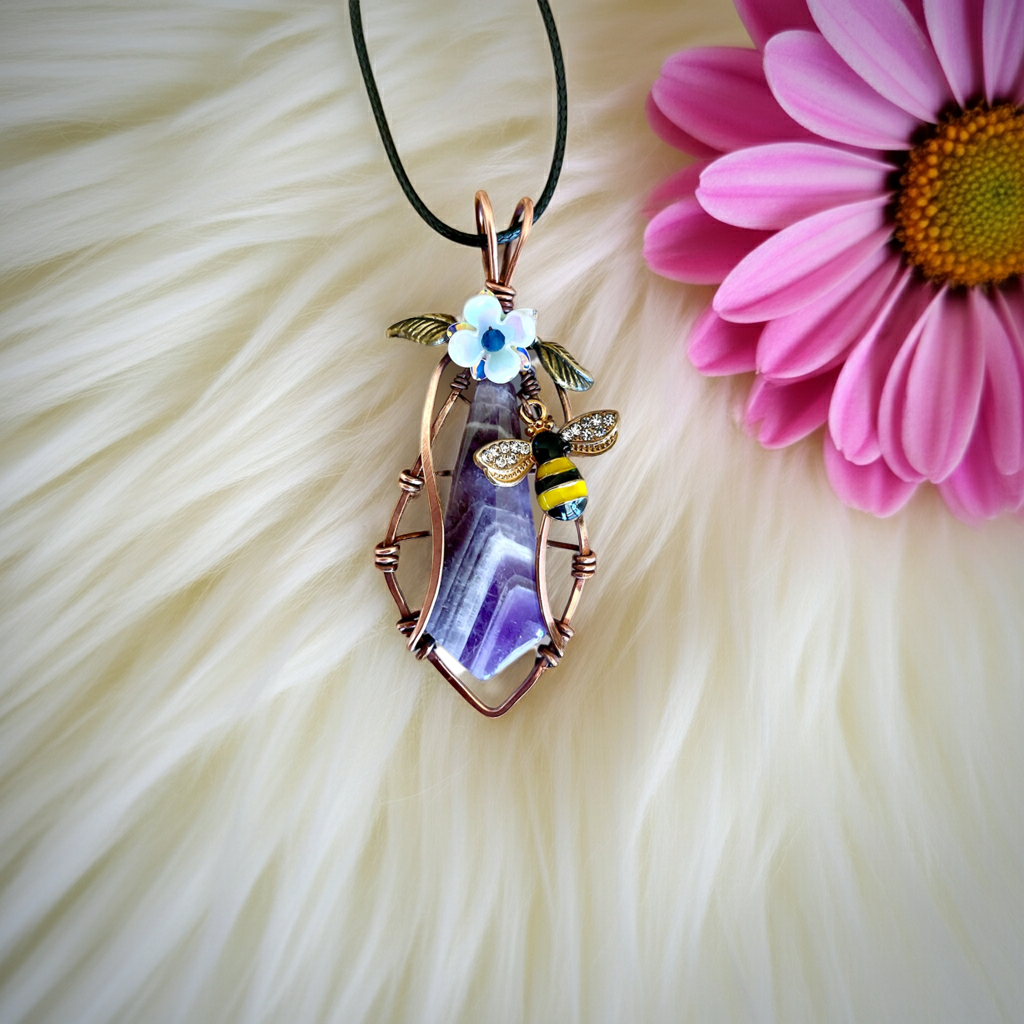 Chevron Amethyst “Bee & Bloom” Pendant-(Large)