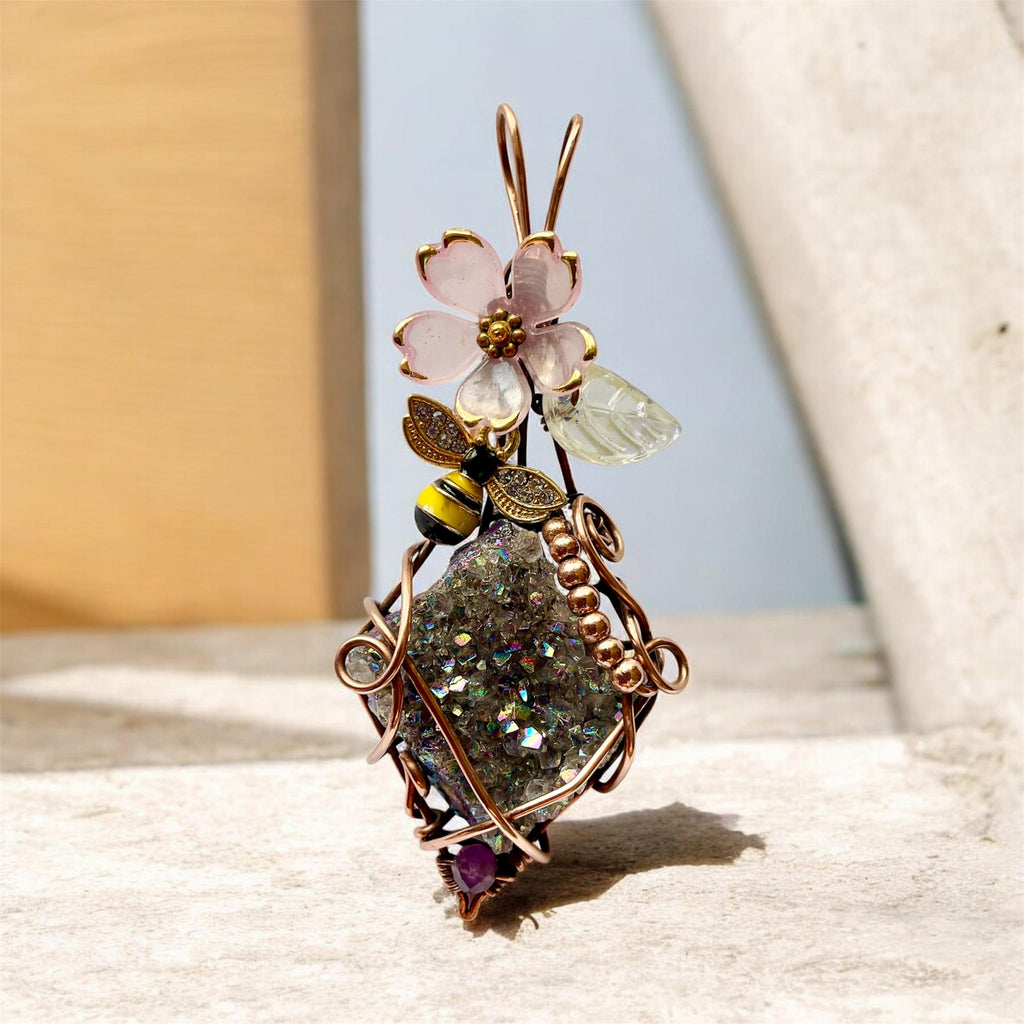 Amethyst Aura Quartz Bee & Blossom Wire Wrapped Pendant