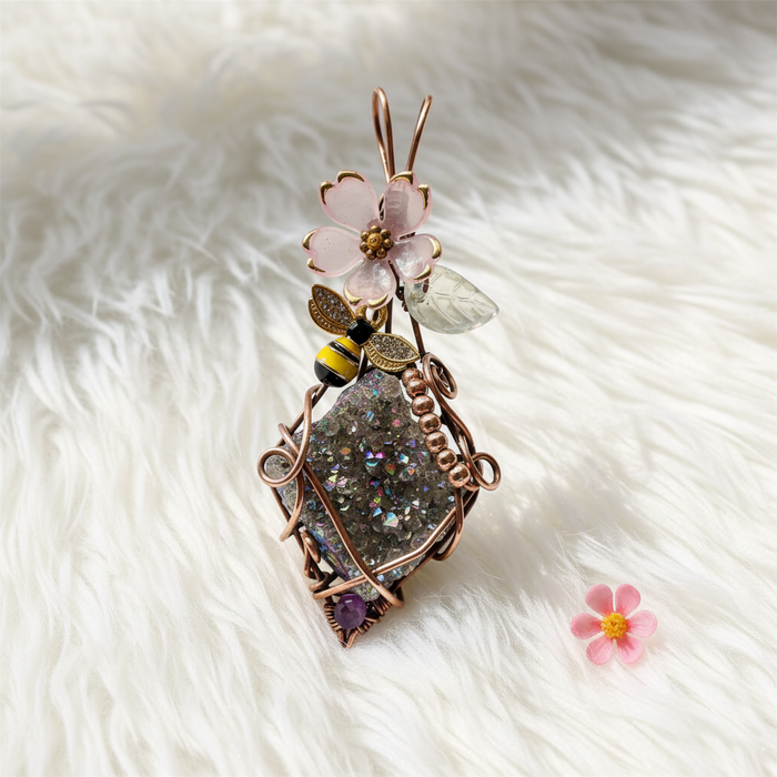 Amethyst Aura Quartz Bee & Blossom Wire Wrapped Pendant