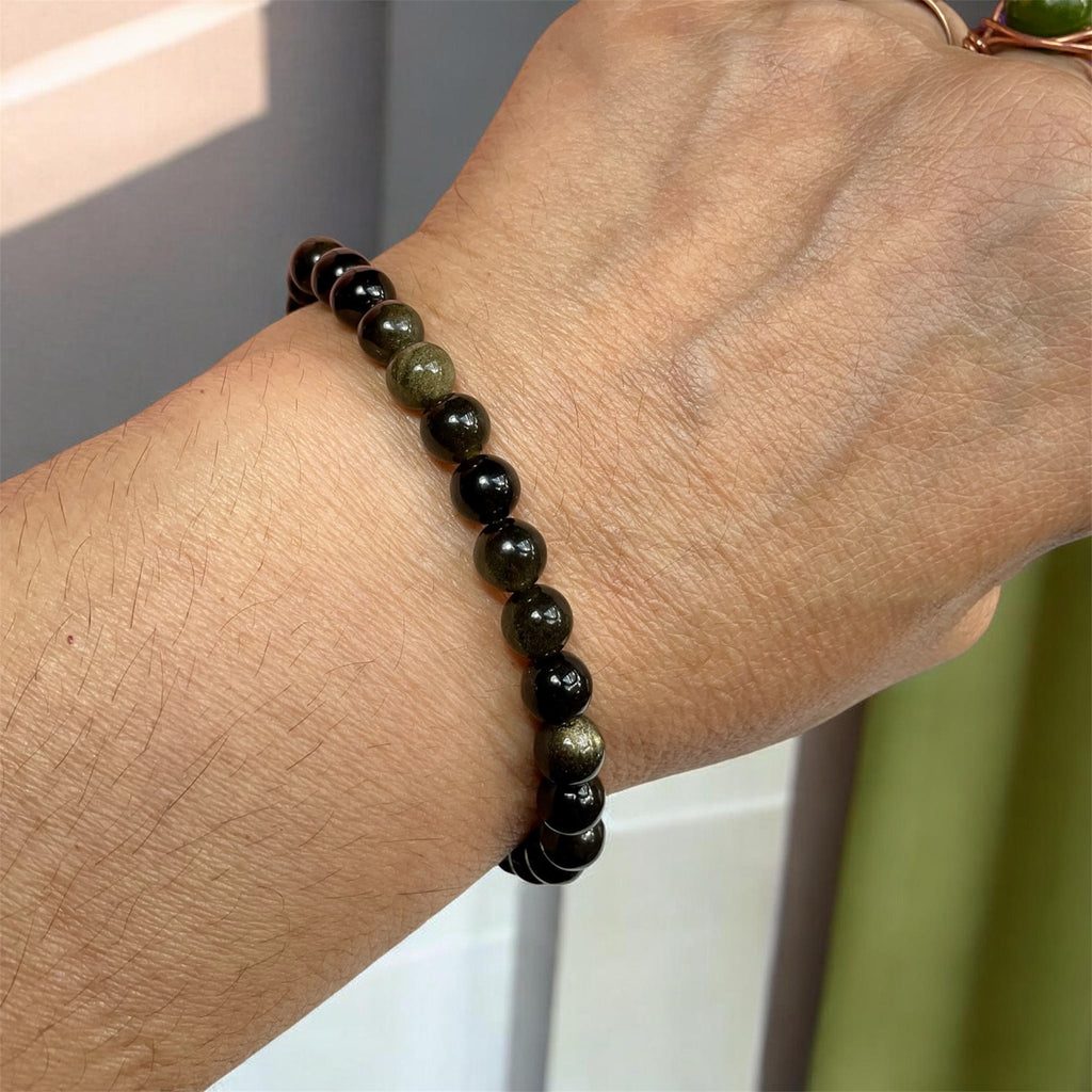 Silver Sheen & Gold Sheen Obsidian Stretch Bracelets - 6mm Beads