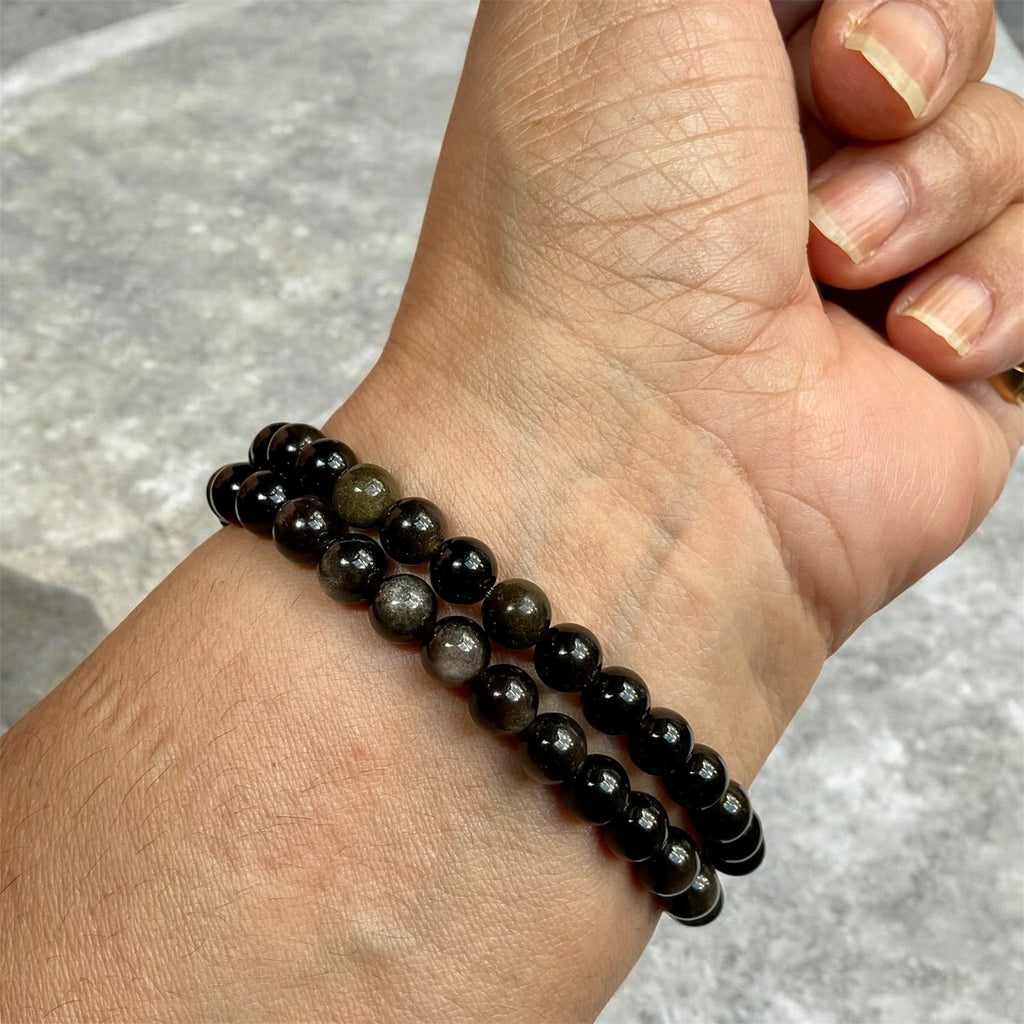 Silver Sheen & Gold Sheen Obsidian Stretch Bracelets - 6mm Beads