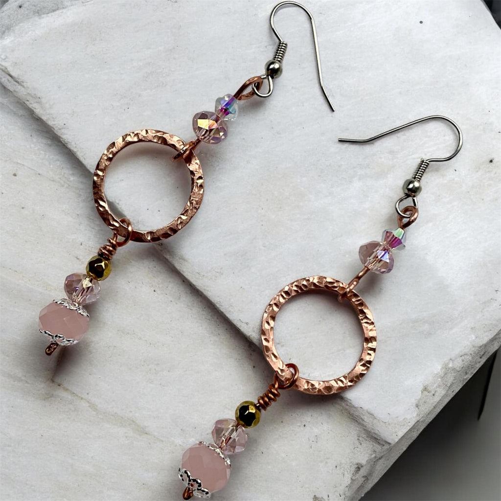 Handmade Rose Quartz & Copper Hammered Hoop Earrings