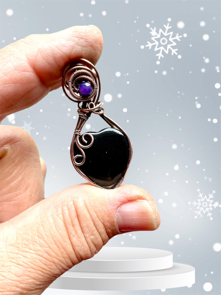 Black Obsidian Heart Pendant with Amethyst Accent